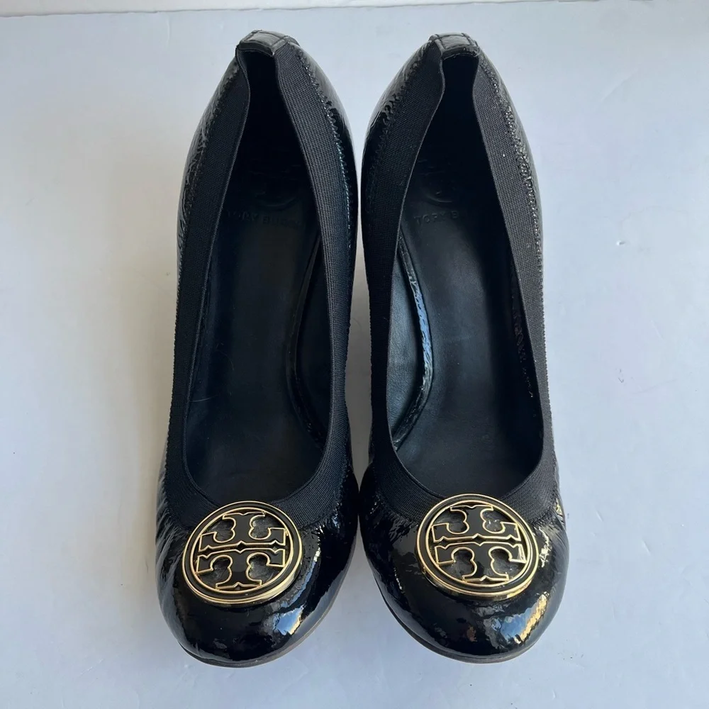 Tory Burch Caroline Black Patent Leather Wedges Size 9 Medium